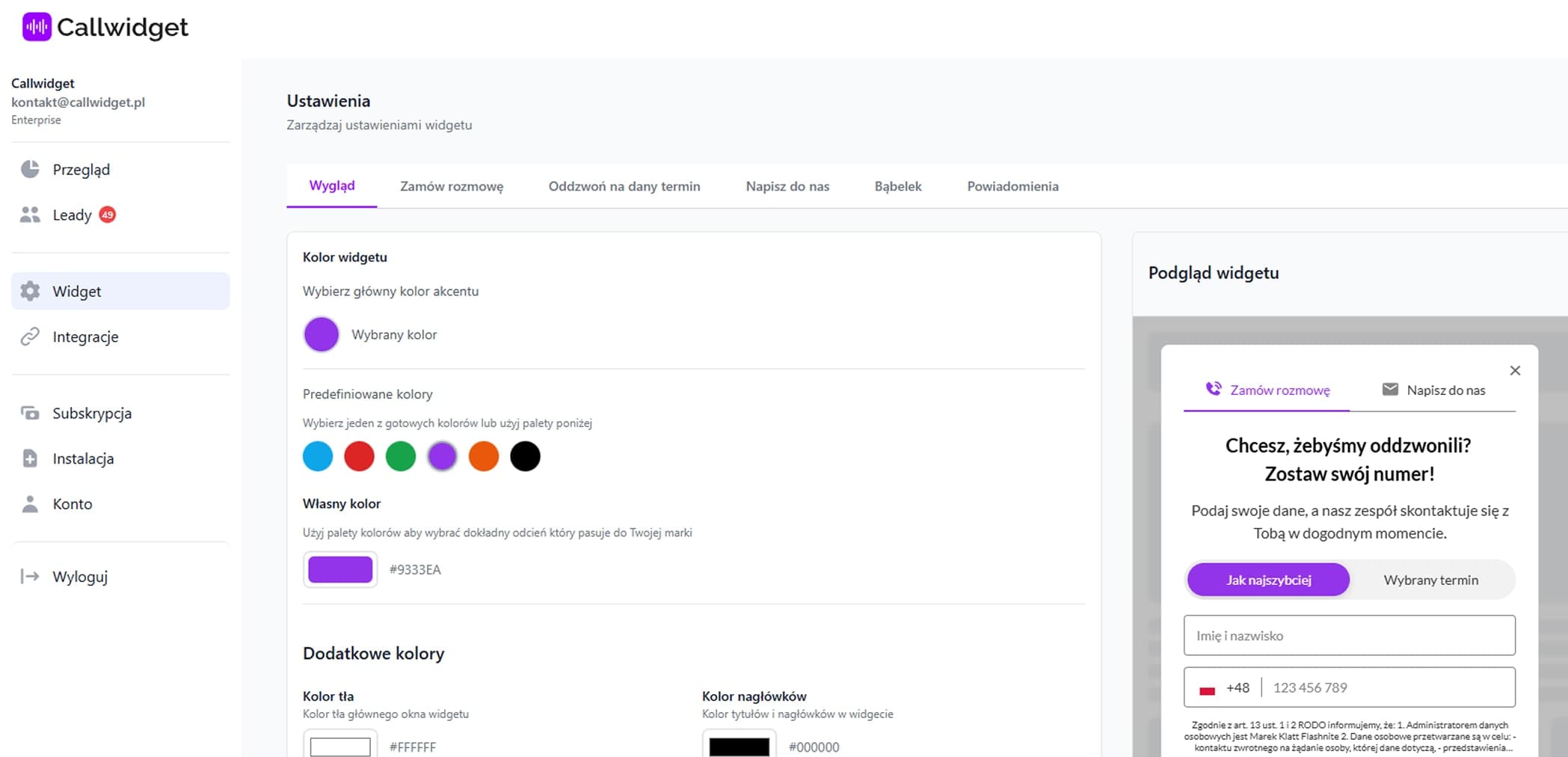 Dashboard aplikacji callwidget