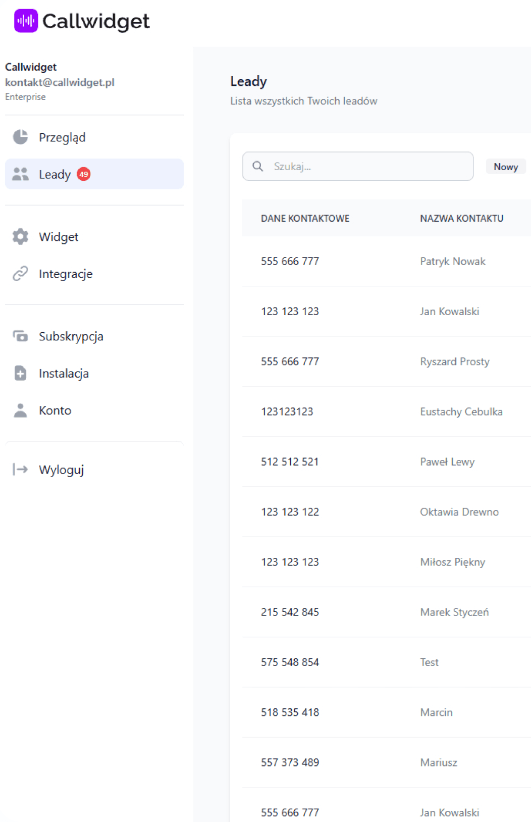 Ekran główny aplikacji Callwidget